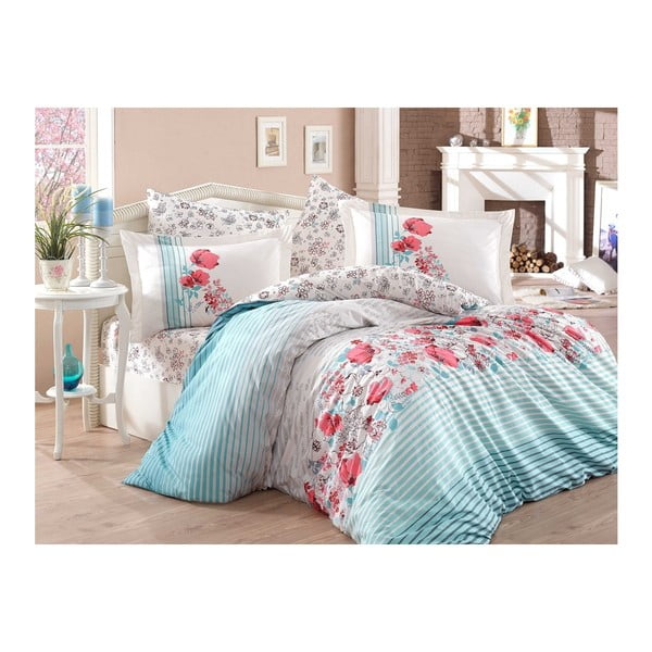 Posteljina od pamučnog poplina s posteljinom za bračni krevet Fiesta Aqua, 200 x 220 cm