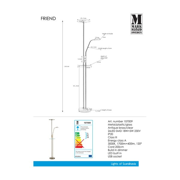 Samostojeća LED svjetiljka u boji mesinga Markslöjd Friend Uplight-image-1
