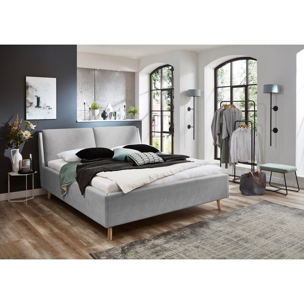 Svijetlo sivi tapecirani bračni krevet s prostorom za odlaganje s podnicom 160x200 cm Valetta – Meise Möbel-image-1