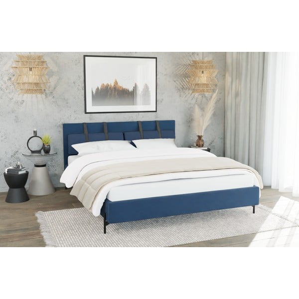 Tamno plavi tapecirani bračni krevet s podnicom 160x200 cm Tulsa – Ropez-image-2