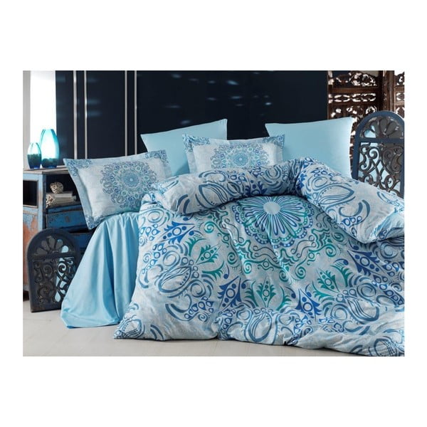 Tirkizna pamučna satenska posteljina s bračnim krevetom Monte Carlo, 160 x 220 cm