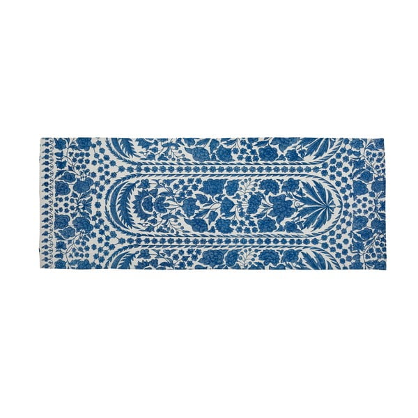 Plavi tepih s primjesama pamuka Velvet Atelier Blue Flowers, 55 x 135 cm