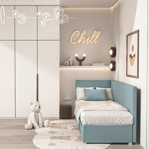 Plavi kutni dječji krevet s prostorom za pohranu s madracem 90x200 cm Flexi – Ghado-image-1