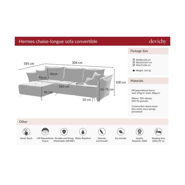 Tamnoružičasta baršunasta kutna garnitura na razvlačenje Devichy Hermes, lijevi kut-image-4