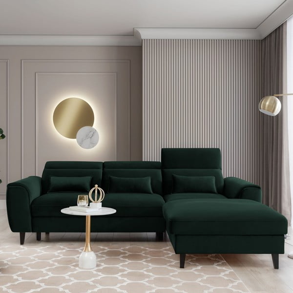 Tamno zelena baršunasti sklopiva/s prostorom za odlaganje kutna garnitura (s desnim kutom/s ležaljkom) Foble – ELTAP-image-1