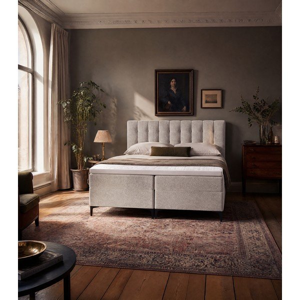 Smeđe-sivi boxspring krevet s prostorom za odlaganje 180x200 cm Puhala – Makamii-image-1
