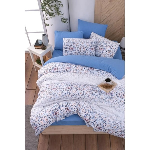 Bijela/plava posteljina za bračni krevet/za produženi krevet s uključenom plahtom/4-dijelna 200x220 cm Geometric – Mila Home