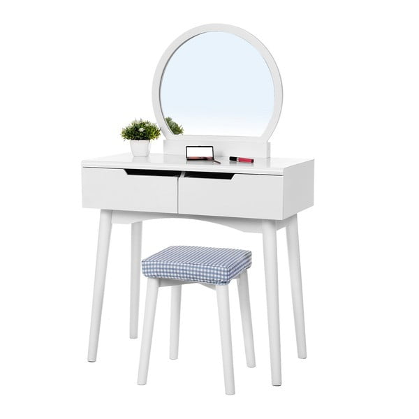 Bijeli drveni toaletni stolić s ogledalom, stolicom i dvije ladice Songmics