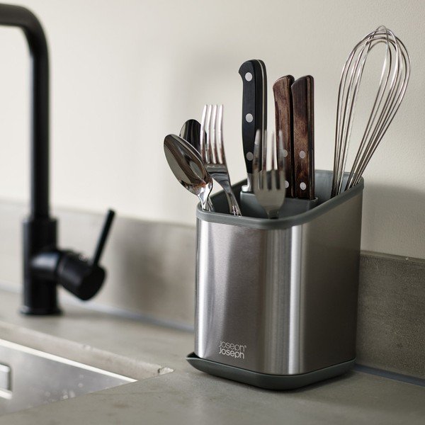 Ocjeđivač za posuđe od nehrđajućeg čelika za pribor u sjajno srebrnoj boji 11x11,5 cm Duo Steel – Joseph Joseph-image-1