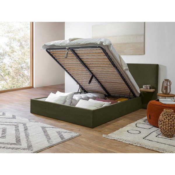 Tamno zeleni tapecirani bračni krevet s prostorom za odlaganje s podnicom 160x200 cm Blandine – Bobochic Paris-image-3