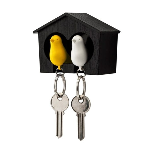 Smeđa vješalica za ključeve s bijelim i žutim Qualy Duo Sparrow privjeskom za ključeve