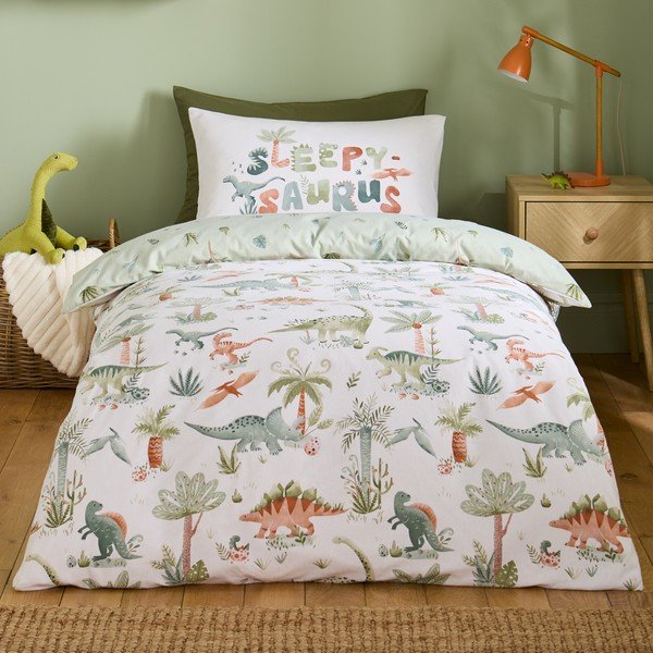 Krem flanelska dječja posteljina za krevet za jednu osobu 135x200 cm Brushed Sleepy Saurus Dino – Catherine Lansfield-image-1