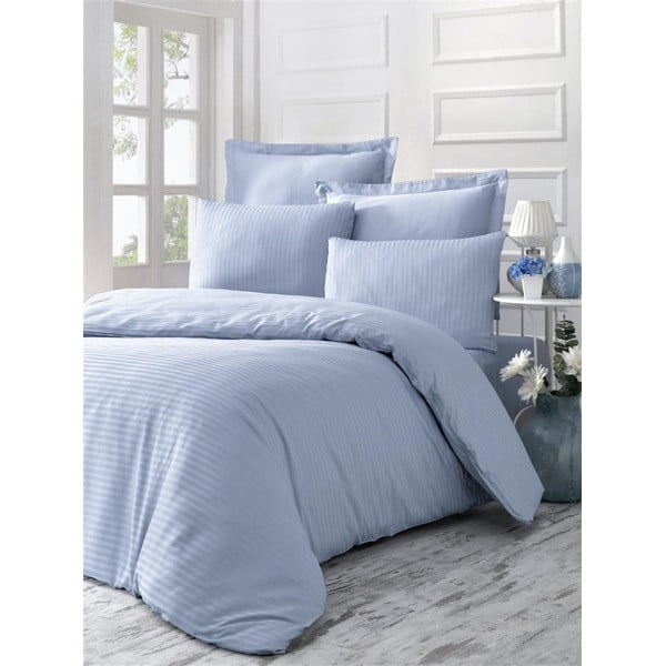 Plava posteljina od pamučnog satena za bračni krevet Mijolnir Line, 200 x 200 cm