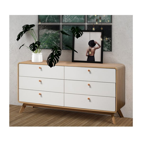 Bijela/u prirodnoj boji niska komoda u dekoru hrasta 150x74 cm Caitlin – Støraa-image-1