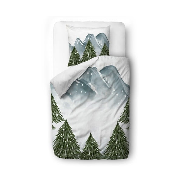 Bijelo/zelena posteljina za krevet za jednu osobu od pamučnog satena 140x200 cm In the Woods - Butter Kings