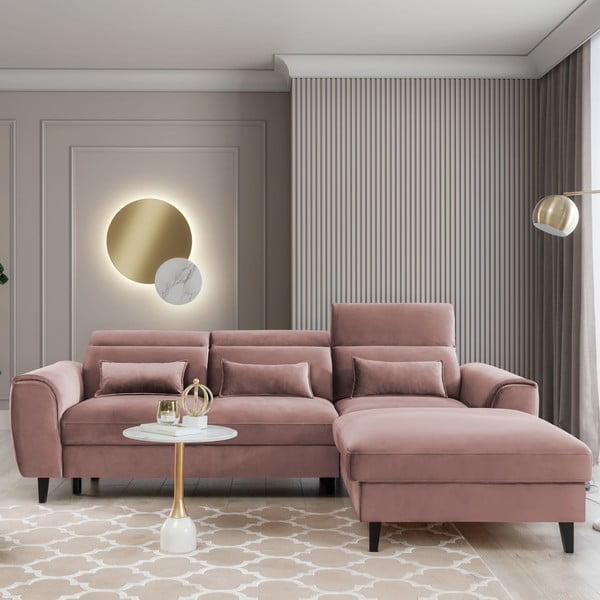 Ružičasta baršunasti sklopiva/s prostorom za odlaganje kutna garnitura (s desnim kutom/s ležaljkom) Foble – ELTAP-image-1