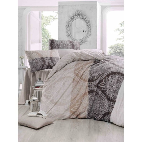 Smeđa posteljina i posteljina za bračni krevet Dama, 200 x 220 cm