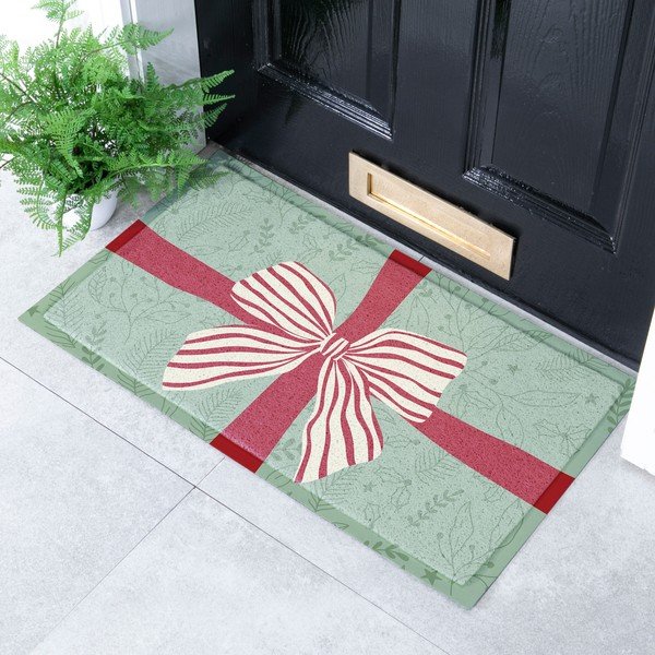 Otirač s božićnim motivom od reciklirane plastike 40x70 cm Red & White Stripe Bow – Artsy Doormats-image-1