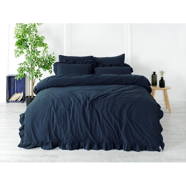 Tamno plava posteljina za bračni krevet/za produženi krevet od renforce pamuka 240x220 cm Ruffle Striped – Mila Home Luxury-image-1