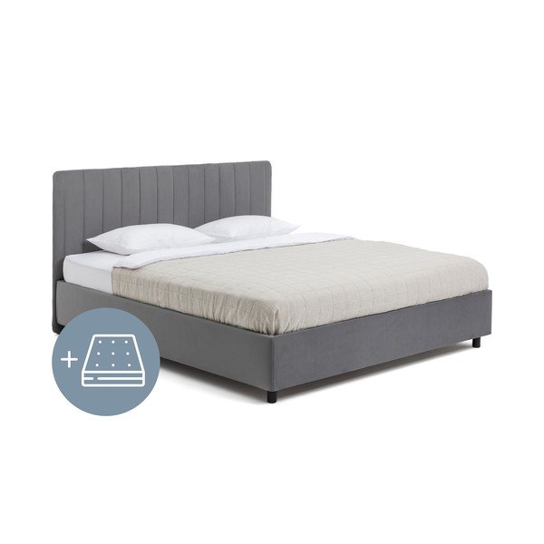 Sivi tapecirani bračni krevet s prostorom za pohranu s madracem/letvičastim okvirom 180x200 cm Myra Slim Line - Bonami Selection