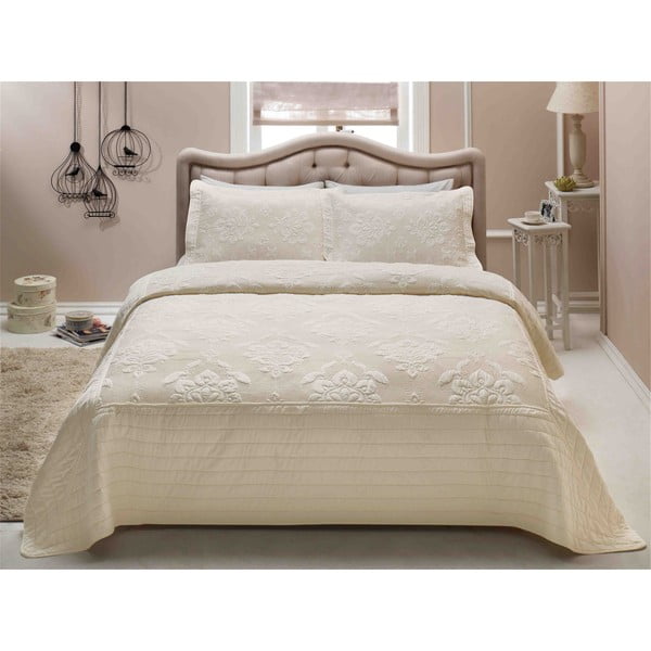 Krem prošiveni lagani prekrivač za bračni krevet s jastučnicama French Mood, 250 x 260 cm