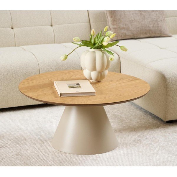 Krem/u prirodnoj boji okrugao stolić za kavu s pločom stola u dekoru hrasta ø 85 cm Soli – Actona-image-1