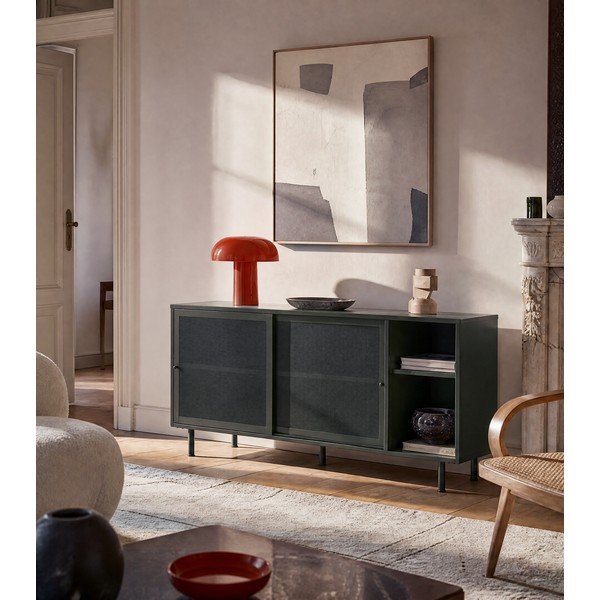 Tamno zelena metalna niska komoda s kliznim vratima 160x75 cm Veep – Unique Furniture-image-1