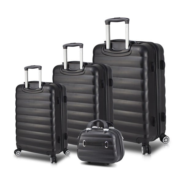Set od 3 crne putne torbice na kotačima s USB priključcima i My Valice torbica za nošenje RESSO Travel Set