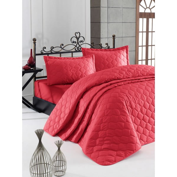 Crveni prekrivač s 2 jastučnice od ranforce pamuka Mijolnir Fresh, 225 x 240 cm