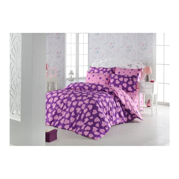 Posteljina s pamučnom posteljinom za bračni krevet Pari Purple, 200 x 220 cm
