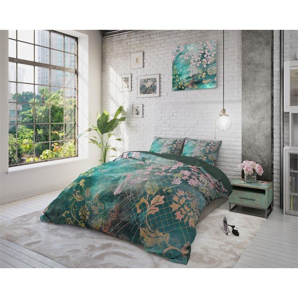 Zelena pamučna posteljina Pure Cotton Tiran Flower, 240 x 200 cm-image-1