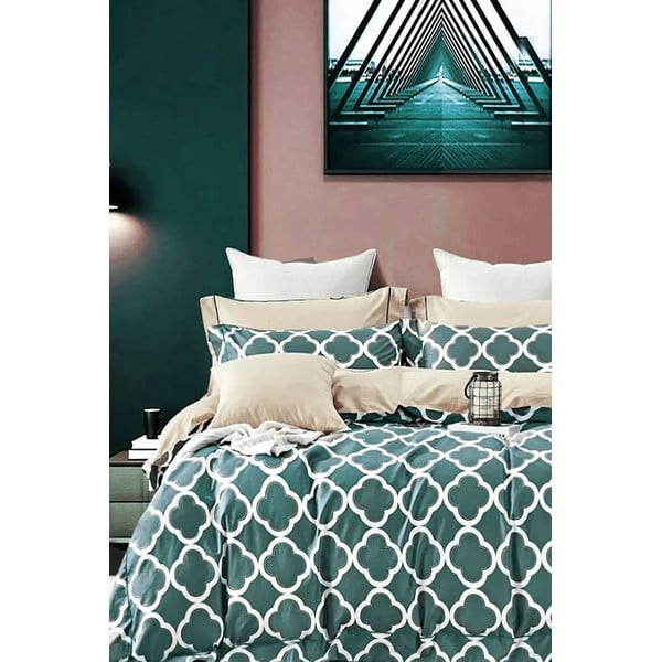 Zelena/bež pamučna posteljina za bračni krevet/za produženi krevet s uključenom plahtom/4-dijelna 200x220 cm Geometric – Mila Home