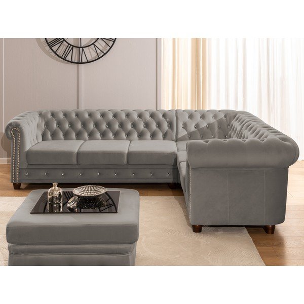 Siva baršunasti sklopiva kutna garnitura (s desnim kutom/u obliku slova L) York Blik – Ropez-image-4