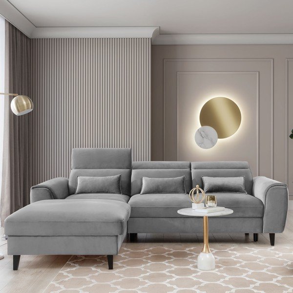 Siva baršunasti sklopiva/s prostorom za odlaganje kutna garnitura (s lijevim kutom/s ležaljkom) Foble – ELTAP-image-1