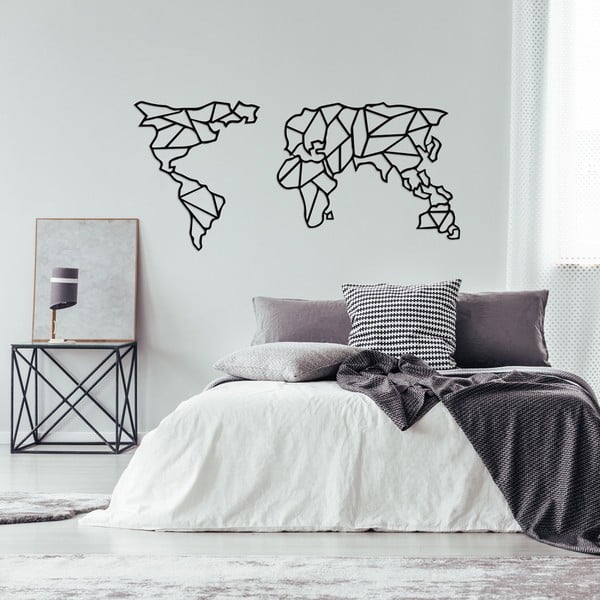 Crna metalna zidna dekoracija Geometric World Map, 150 x 80 cm