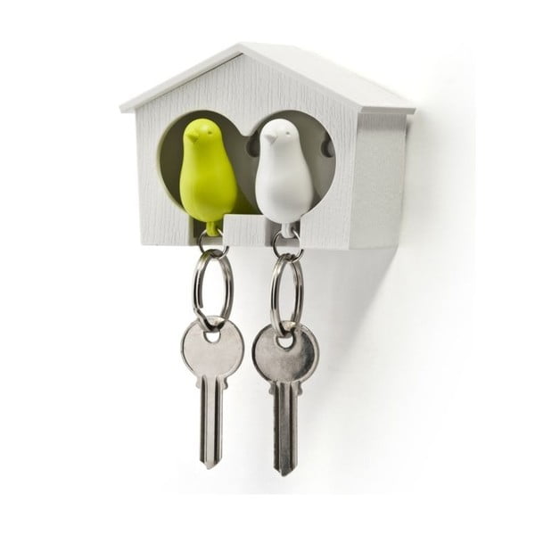 Bijela vješalica za ključeve s bijelim i zelenim Qualy Duo Sparrow privjeskom za ključeve
