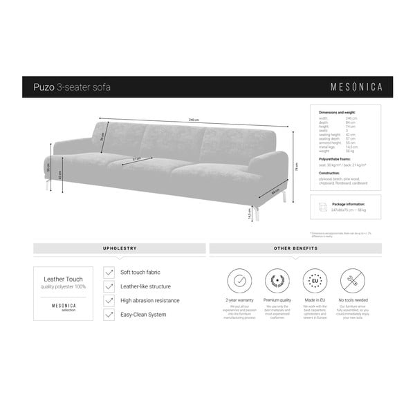 Siva sofa od imitacije kože MESONICA Puzo, 240 cm-image-4
