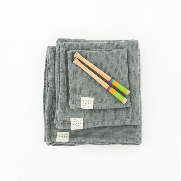 Dječji plavi laneni ručnik s kapuljačom Linen Tales Waffle 100 x 100 cm-image-1