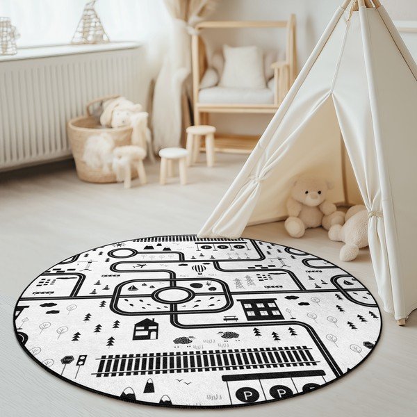 Crno-bijeli periv dječji tepih za igru ø120 cm In My Town – Mila Home-image-1