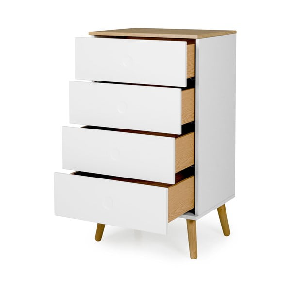 Bijela komoda s hrastovim drvenim nogama s 4 ladice Tenzo Doz, širine 55 cm-image-3
