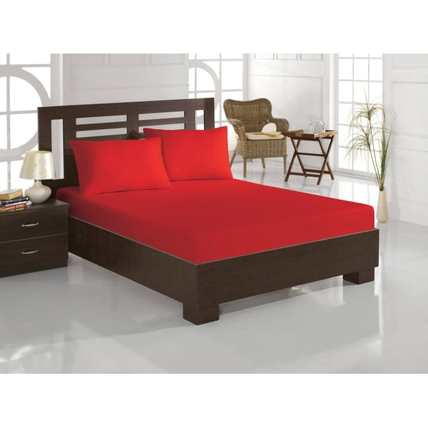 Set crvenih plahti i 2 jastuka s dodatkom pamuka za bračni krevet Eponj Home Polycotton Red, 160 x 200 cm