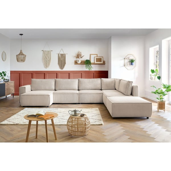 Krem kutna garnitura od samta (s desnim kutom/u obliku slova "U") Nihad modular – Bobochic Paris-image-1