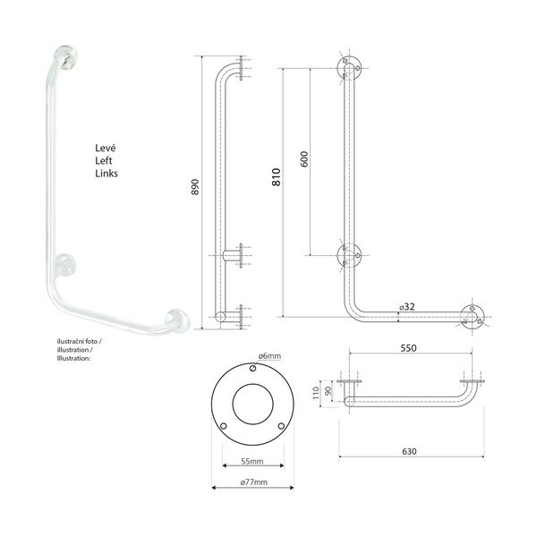 Zidna ručka za kupaonicu od nehrđajućeg čelika 63 cm Handicap Left – Sapho-image-2