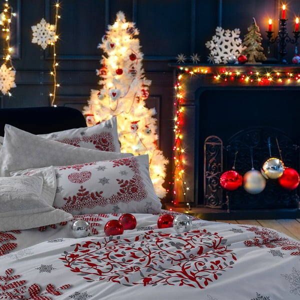 Pamučna posteljina s plahtama za bračni krevet Snowtime Red, 200 x 220 cm