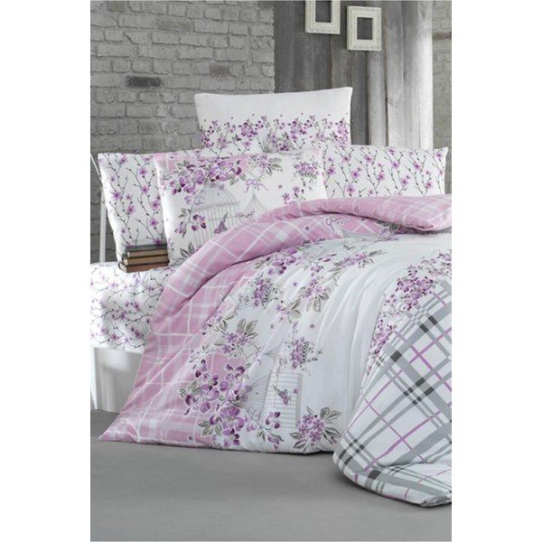 Bračna posteljina s plahtama Pure Cotton Nature Purple, 200 x 220 cm