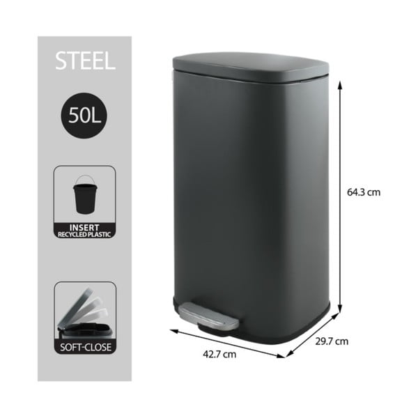 Tamno siva željezna kanta za smeće s pedalom 50 l   Akira – Spirella-image-2