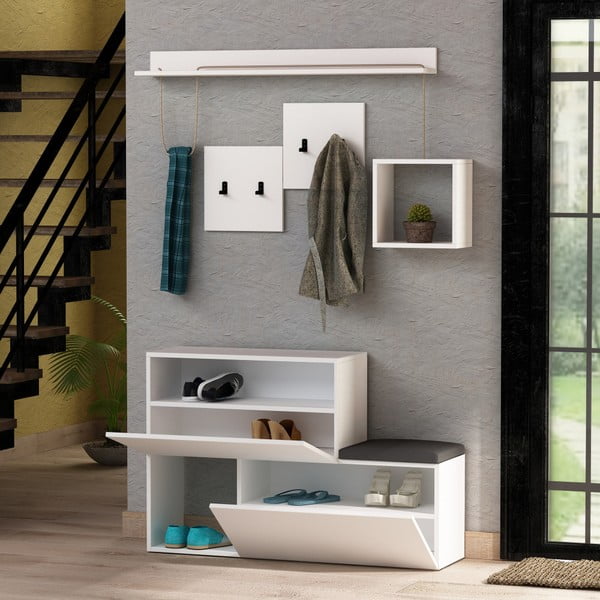 Set bijelog ormarića za cipele / klupice i zidne vješalice s policom Homitis Holdon Anique-image-2
