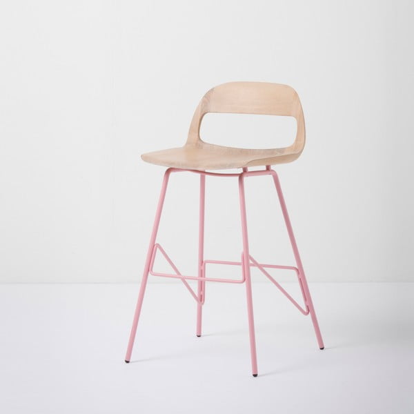 Barska stolica sa sjedištem od masivnog hrasta i ružičastim nogama Gazzda Leina, visina 84 cm