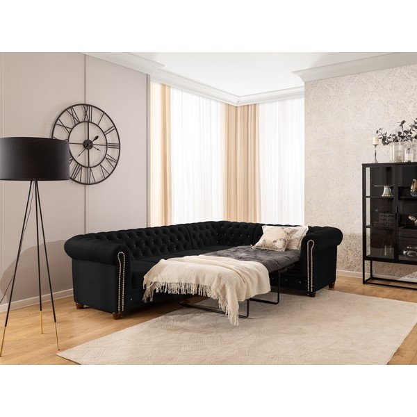 Crna baršunasti sklopiva kutna garnitura (s desnim kutom/u obliku slova L) York Blik – Ropez-image-4