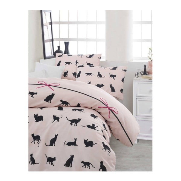 Pamučna posteljina s posteljinom za bračni krevet Cat, 200 x 220 cm